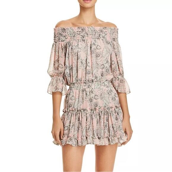 NWOT MISA LOS ANGELES Dress S Pink Pistachio Tropical Ruffle Off-Shoulder“Geroux - Picture 1 of 14